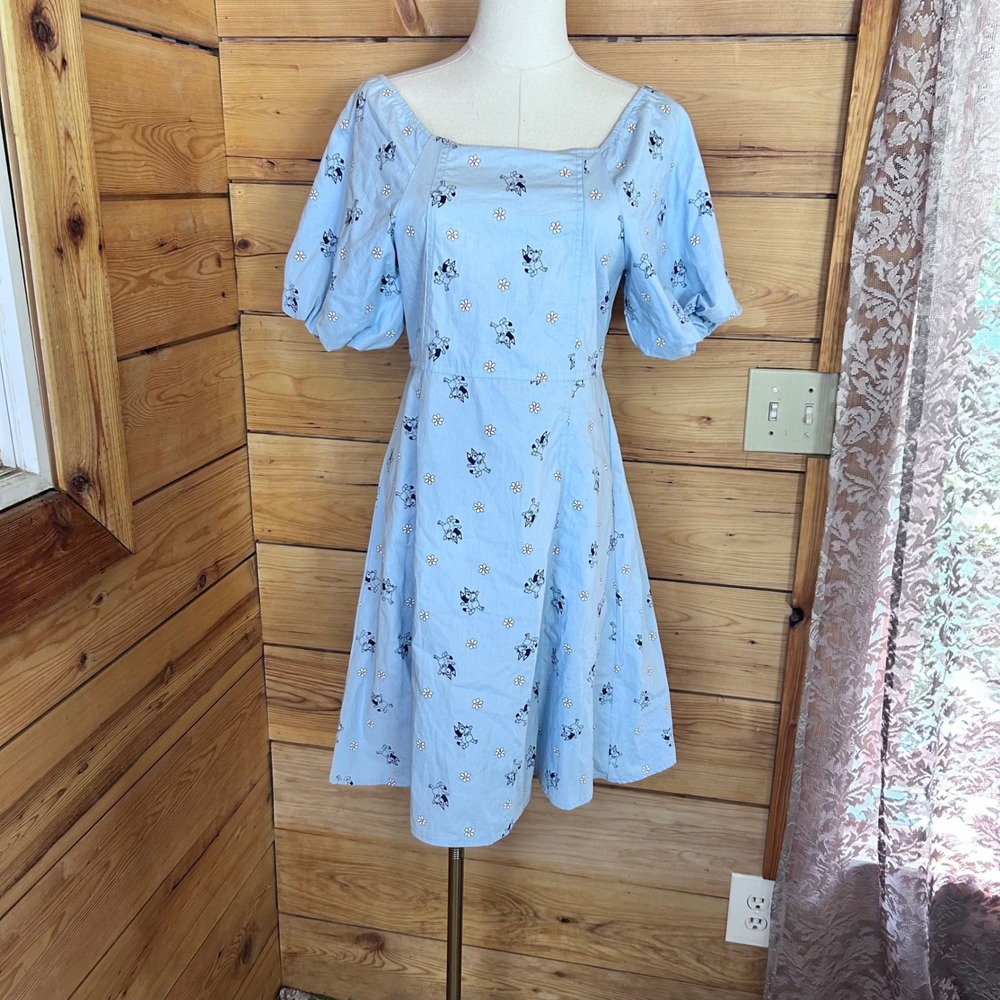 Bluey Poplin Midi Dress Womens Small Light Blue Daisy Puff Sleeve Official